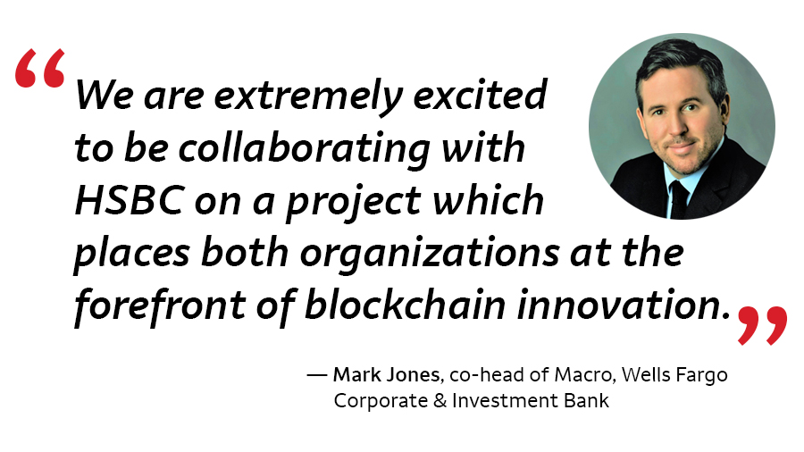 Headshot of Mark Jones, co-head of Macro, Wells Fargo Corporate & Investment Bank with the quote: We are extremely excited to be collaborating with HSBC on a project which places both organizations at the forefront of blockchain innovation.