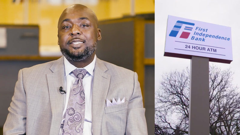 Left image: Damon Jenkins wearing a tan suit and smiling. Right image: A large business sign with the words “First Independent Bank 24 HOUR ATM.”