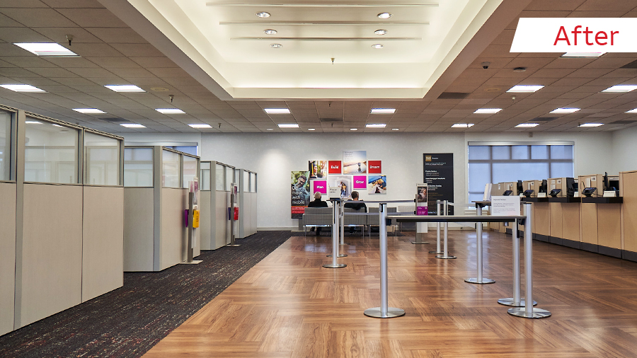 A set of before and after photos show an abbreviated teller line and updated offices with partial walls.