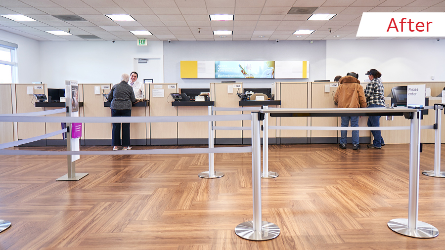 set of before and after photos of customers at a Wells Fargo branch show a teller line with new wood flooring, brighter lighting, and updated desks.