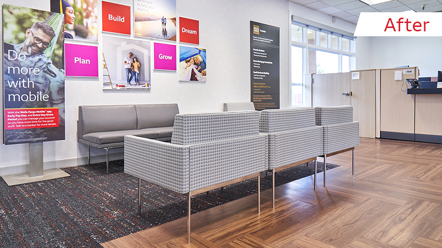 A set of before and after photos show a row of chairs has been replaced with an informal seating area consisting of brighter gray sofas and chairs.