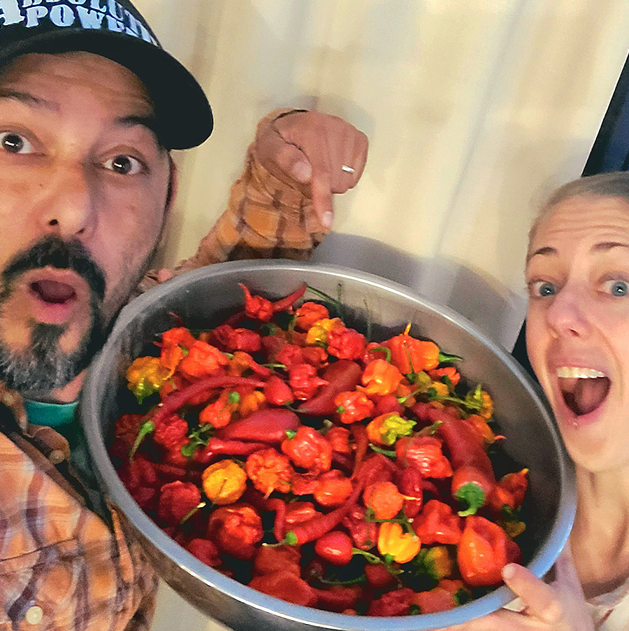 Two people are holding up a large bowl of red peppers.