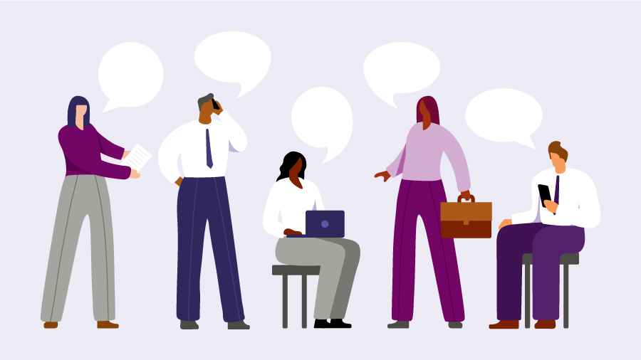 An illustration of five business professionals with empty speech bubbles above them.