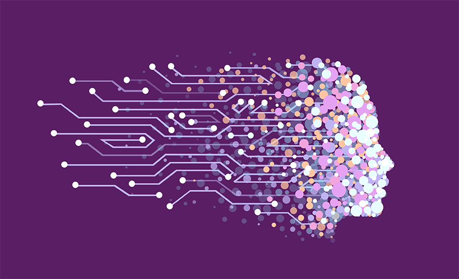 A futuristic graphic representation of a face's profile made with pastel circles over a dark purple background