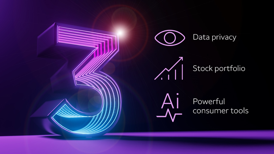 A glowing 3D graphic of the number 3 next to the text: Data privacy, Stock portfolio, Powerful consumer tools