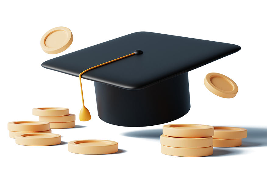 gold coins surround a black graduation cap with gold tassel.