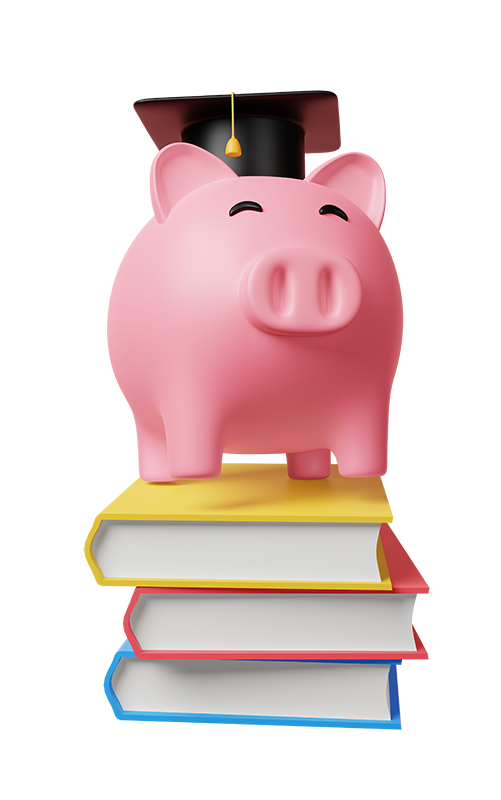 A pink piggy bank wearing a graduation cap is standing on top of three textbooks.