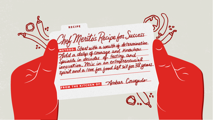 An illustration shows two hands holding a recipe card that reads Chef Merito’s Recipe for Success: Method: Start with a wealth of determination. Add a dollop of courage and knowhow. Sprinkle in decades of testing and innovation. Mix in an entrepreneurial spirit and a love for food. Let sit for 38 years. From the Kitchen of: Ambar Corugedo