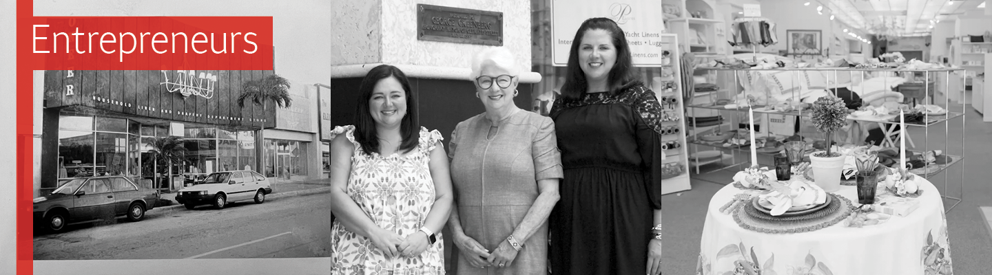 Penny Murphy and two of her daughters stand in front of Pioneer Linens.