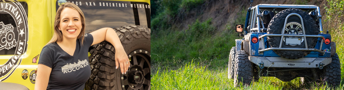 Side-by-side photos show a woman leaning against the spare tire of an off-road vehicle and a jeep driving in rugged terrain.