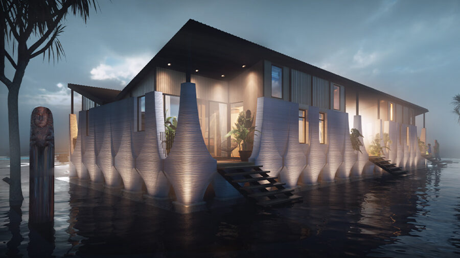 A graphic rendering of an illuminated modern 3D printed house with a dark background