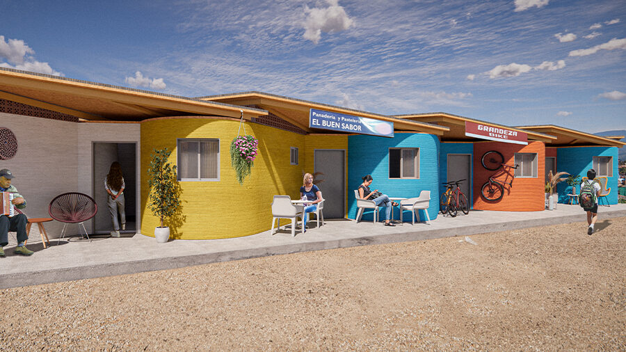 A graphic rendering of small colorful 3D printed houses.