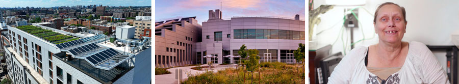 Three images show a rooftop garden, a modern building-front, and a smiling woman.