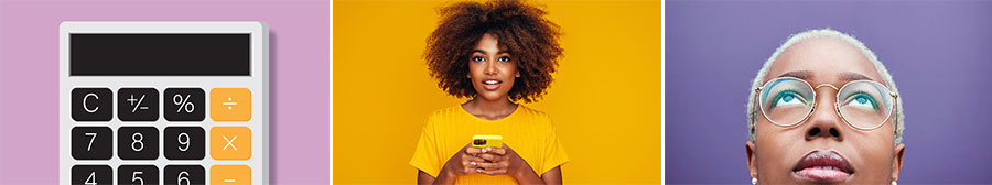 3 images show a calculator, a person holding a cellphone, and a person looking up toward the sky