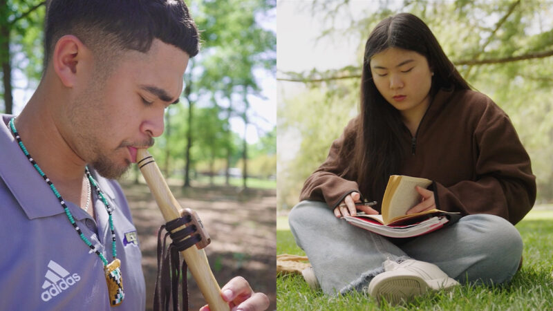 On the left, a man plays a flute. On the right a woman sits on grass while reading a book.