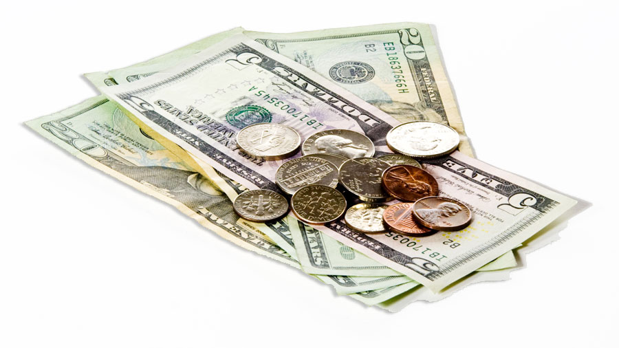 A stack of U.S. currency in coins and bills.