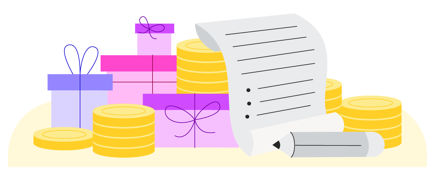 Illustration of coins and gifts stacked up next to a piece of paper and a pencil.