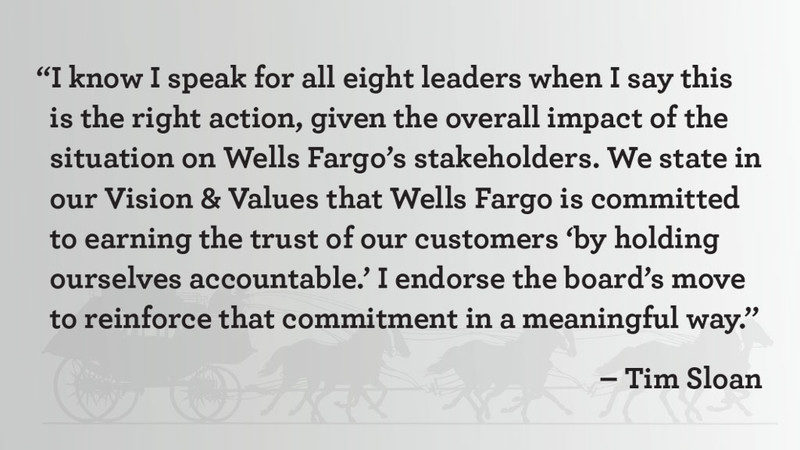 “I know I speak for all eight leaders when I say this is the right action, given the overall impact of the situation on Wells Fargo’s stakeholders. We state in our Vision Values that Wells Fargo is committed to earning the trust of our customers ‘by holding ourselves accountable.’ I endorse the board’s move to reinforce that commitment in a meaningful way,” said Tim Sloan