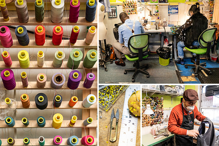 Images show rows with spools of thread, two people working at a desk, a man inspecting an article of clothing, and a surface with tailoring tools.