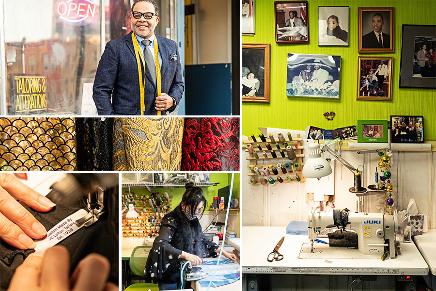 Several images show Eddie Lofton standing in front of his shop, fabrics, a workspace with framed photos of people above it, a woman ironing, and a label saying: Custom Made By JC Lofton Tailors Est. 1939.